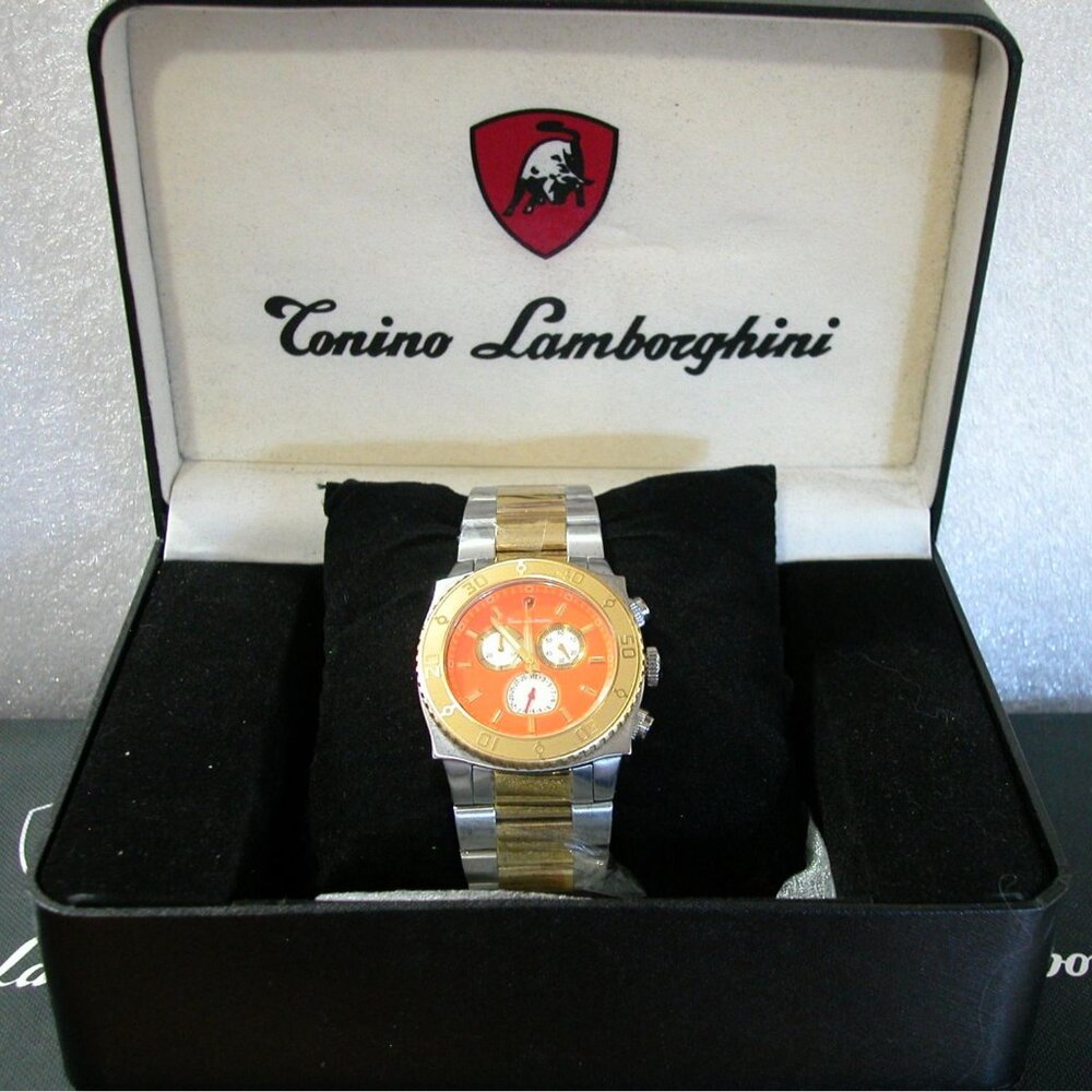 Tonino Lamborghini Men's Stainless Steel Chronograph Watch Orange Dial & Gold Be